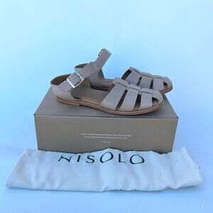 Nisolo Mira Fisherman Sandals Greige Tan 6.5 Leather Box Flats Strappy Shoes